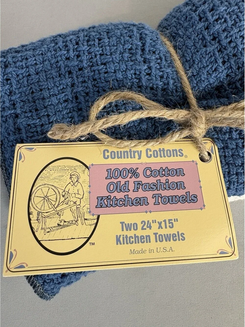 Country Cottons 2 Pc 100% Cotton Kitchen Towels Blue White Made USA NWT 24x15